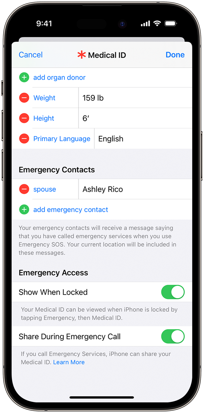 En la app Salud, puedes agregar contactos de emergencia a tu Ficha médica para poder comunicarte automáticamente con personas desde el teléfono en caso de emergencia.