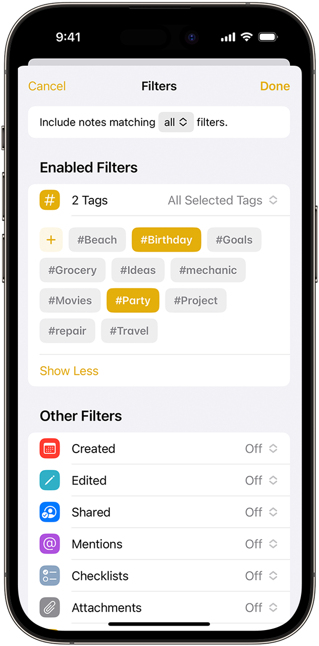You can filter your notes by selecting multiple tags in Notes.