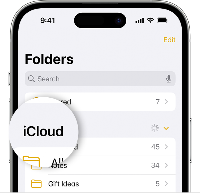 iPhone showing the Folders screen in the Notes app with the iCloud folder emphasised