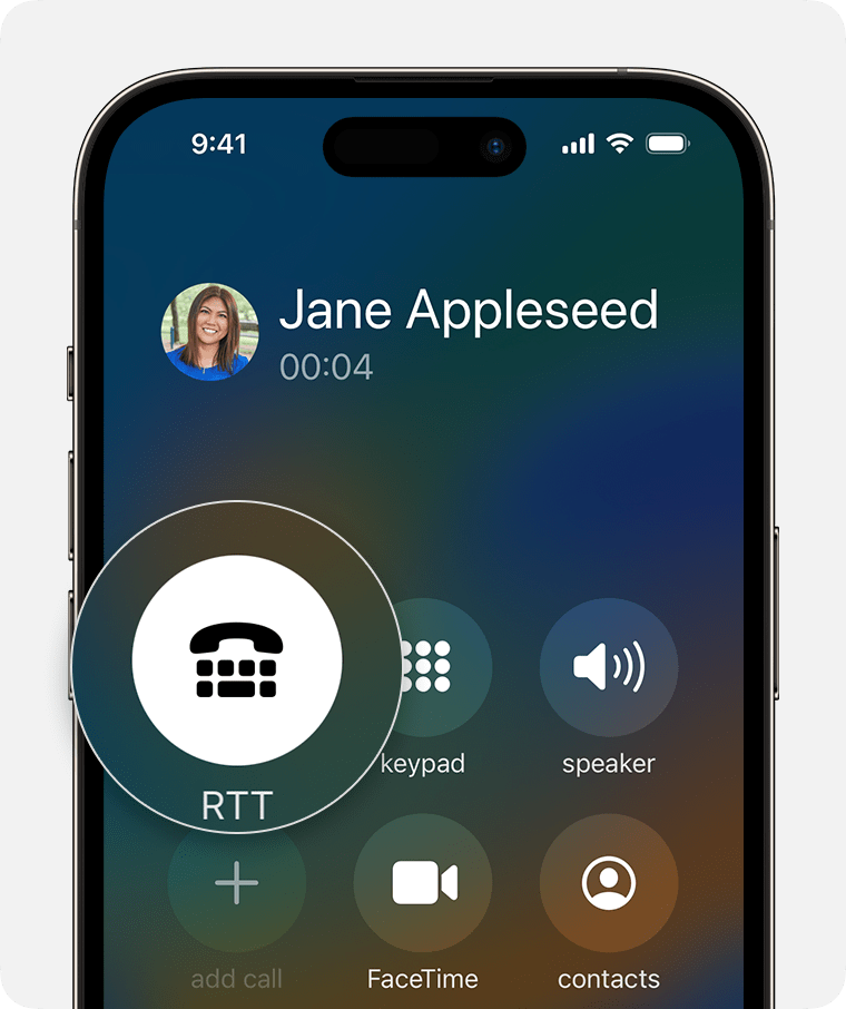 Écran d’iPhone affichant l’interface de connexion d’un appel RTT