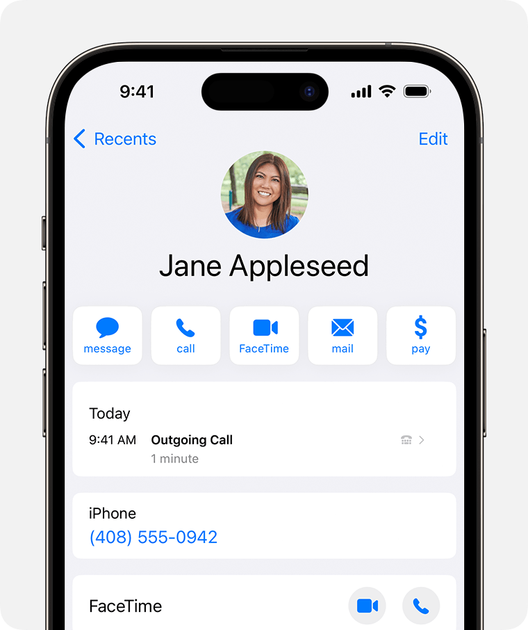 Экран iPhone, на котором показано историю вызовов для контакта