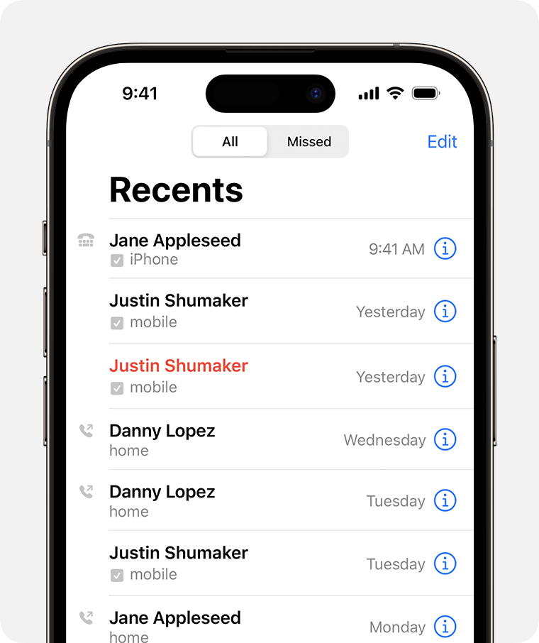 Recent call screen showing call history