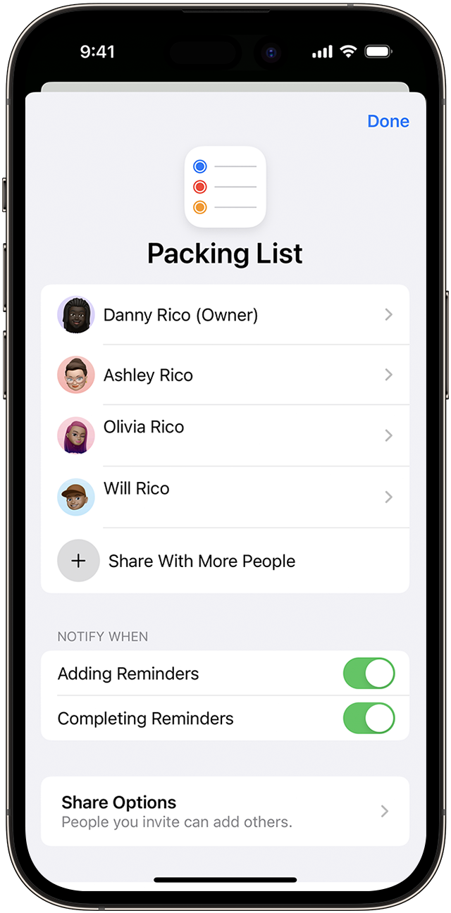 On your iPhone, you can share a Reminders list with your contacts but change the automatic notifications through the Manage Shared List options.