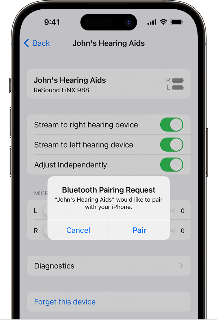 An iPhone showing the settings menu for a hearing device. A Bluetooth pairing request dialog gives you the option to pair your device or cancel.