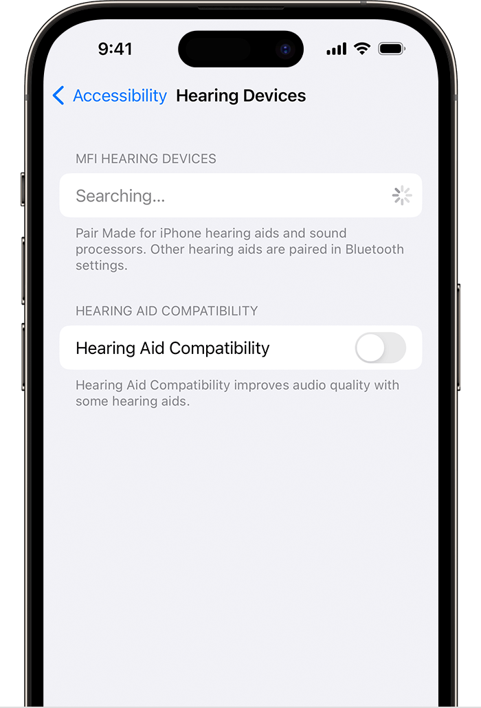 An iPhone showing the Hearing Devices menu. When your Apple device is searching for your hearing device, there's a dimmed searching field and an in progress indicator under MFI Hearing Devices. 