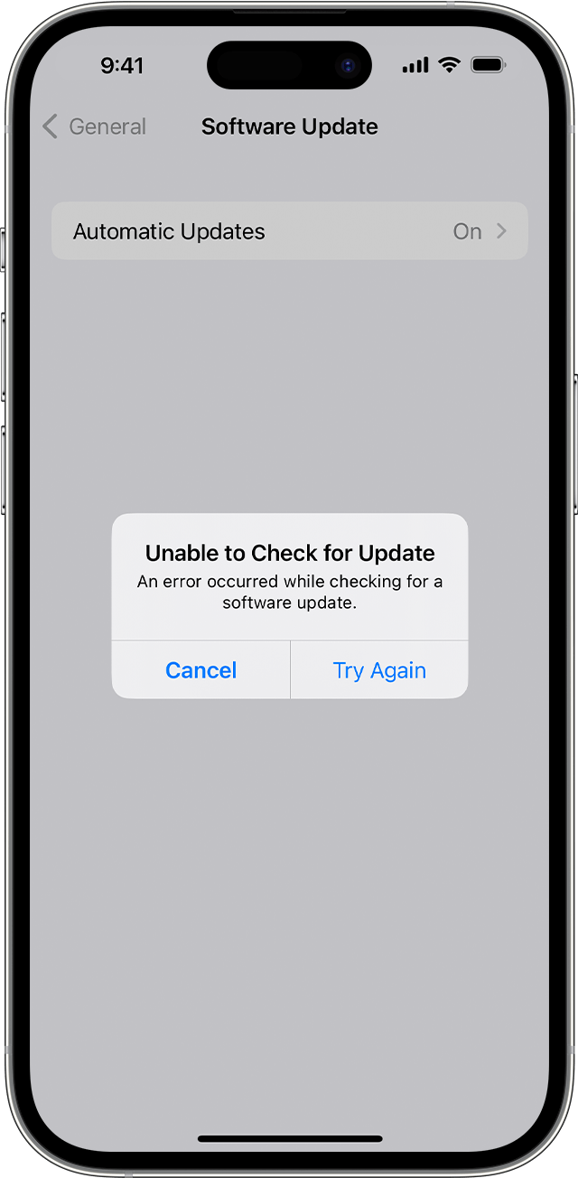 An iPhone showing the "Unable to Check for Update" alert
