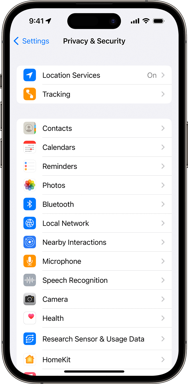 Privacy & Security setting screen on iPhone