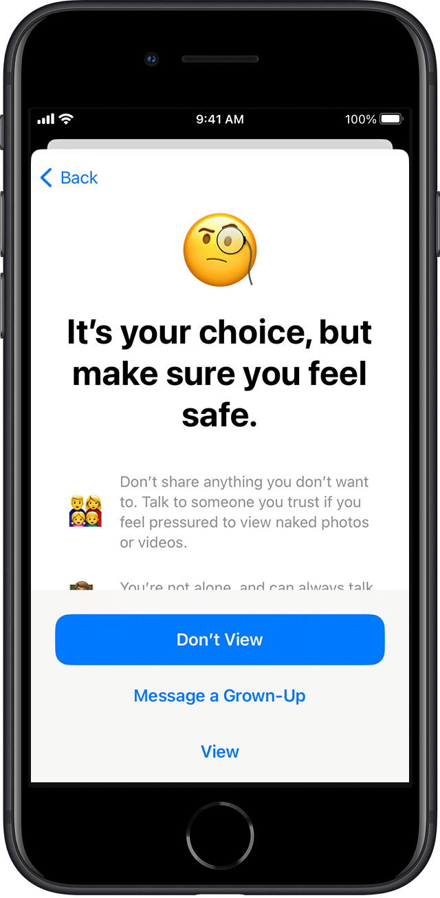 The sensitive photo options — Don't View, Message a Grown-Up, or View — in iOS 16.