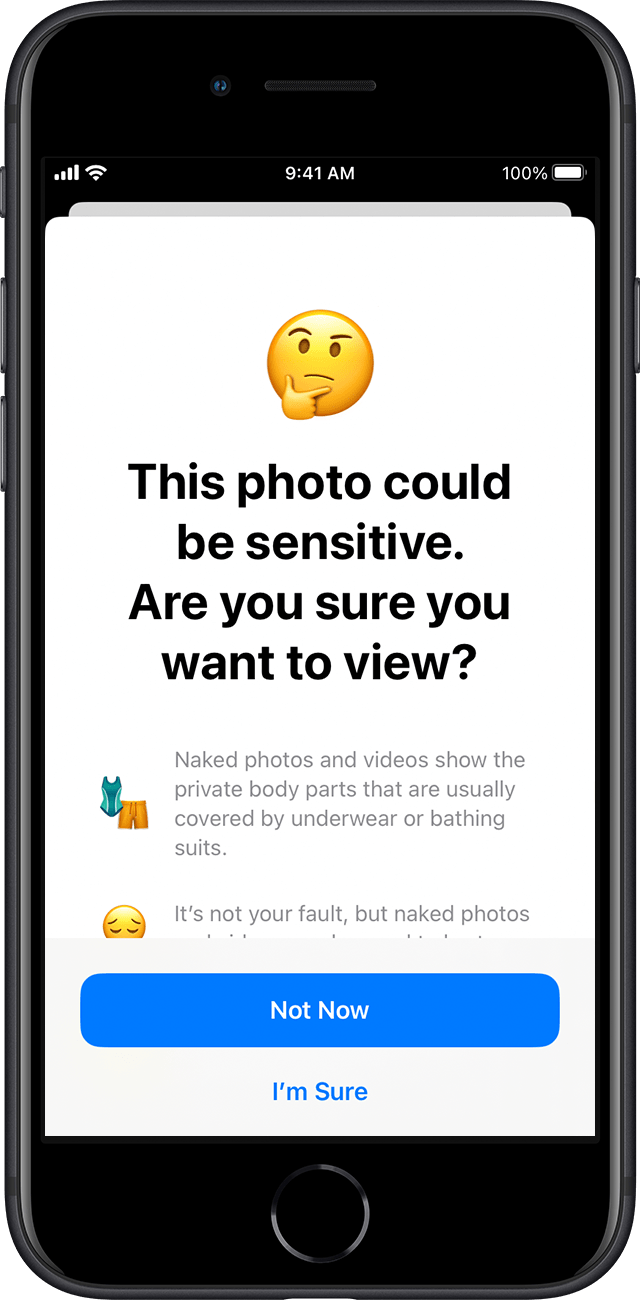 The sensitive photo warning screen in iOS.