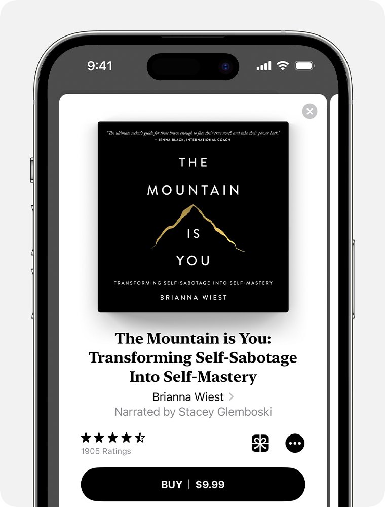 Book cover of "The Mountain is You: Transforming Self-Sabotage Into Self-Mastery" by Brianna Wiest and narrated by Stacey Glemboski
