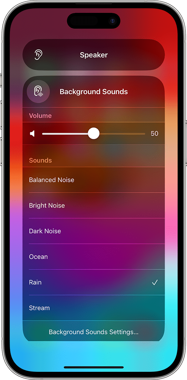 An iPhone showing the Background Sounds menu. The Background Sounds button is at the bottom of the screen in the center.
