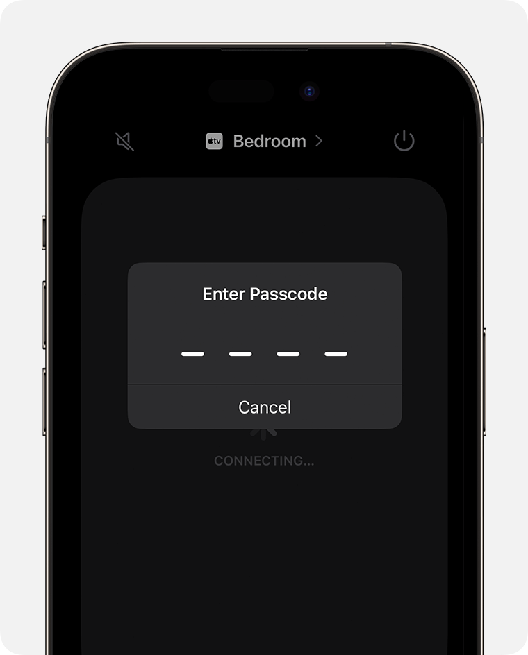 The Enter Passcode screen appears on the Apple TV Remote screen on iPhone