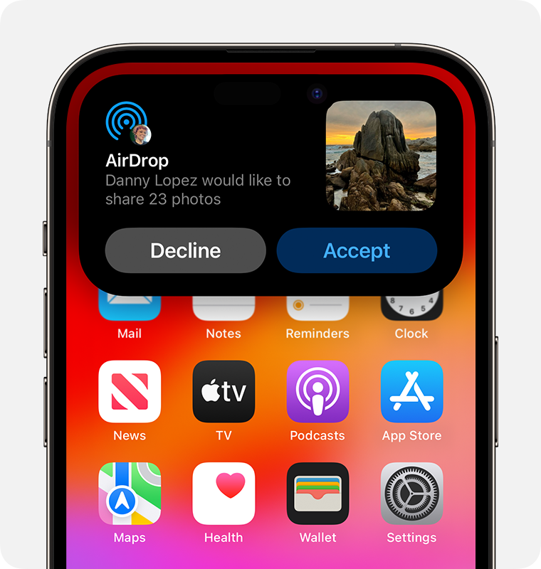 iPhone showing an AirDrop alert that you can decline or accept.