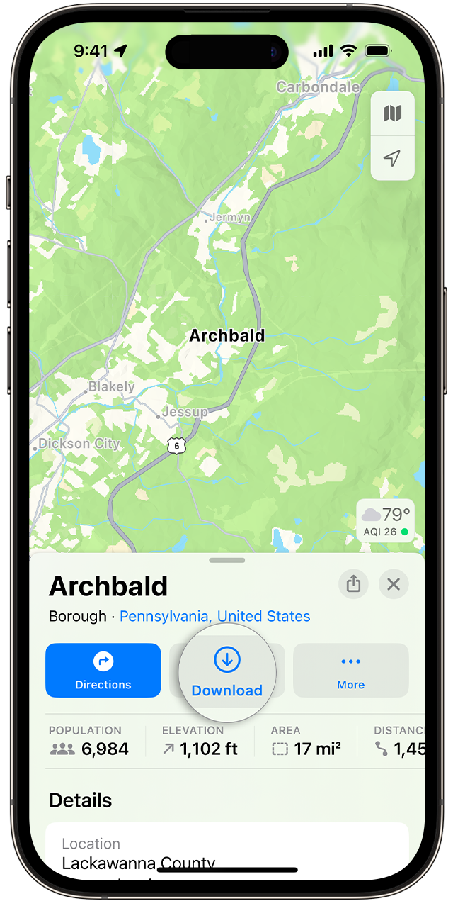 Когато търсите град, напр. Archbald, Pennsylvania, можете да докоснете бутона Download (Изтегляне), преди да е необходимо да докоснете бутона More (Още). 