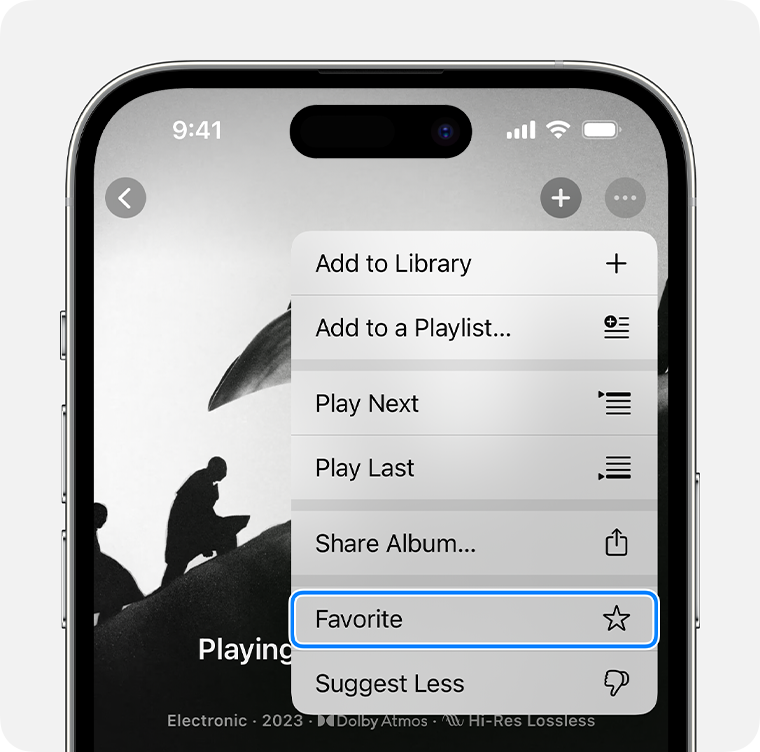 On your iPhone or iPad, open an album or playlist. At the top of the album or playlist, double-tap the More button to open the context menu. Then tap the Favorite button in the context menu.