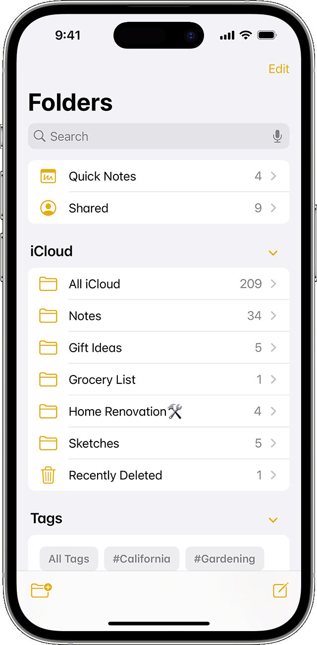 iPhone showing how to create a folder in the Notes app.