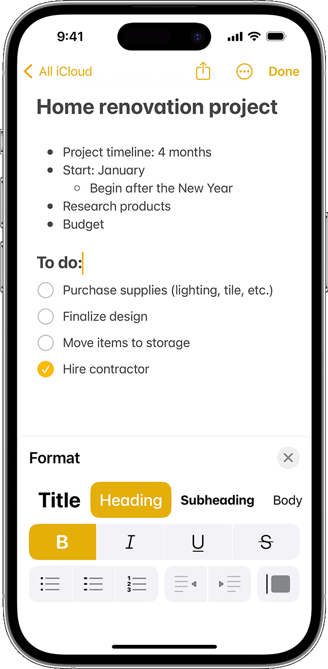 The format options in Notes on iPhone