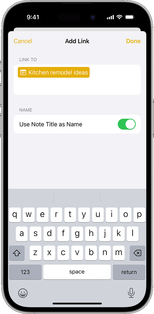 The options for adding a link in Notes on your iPhone with iOS 17 or later.
