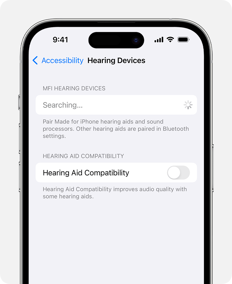 Hearing Devices settings when searching for MFi hearing devices