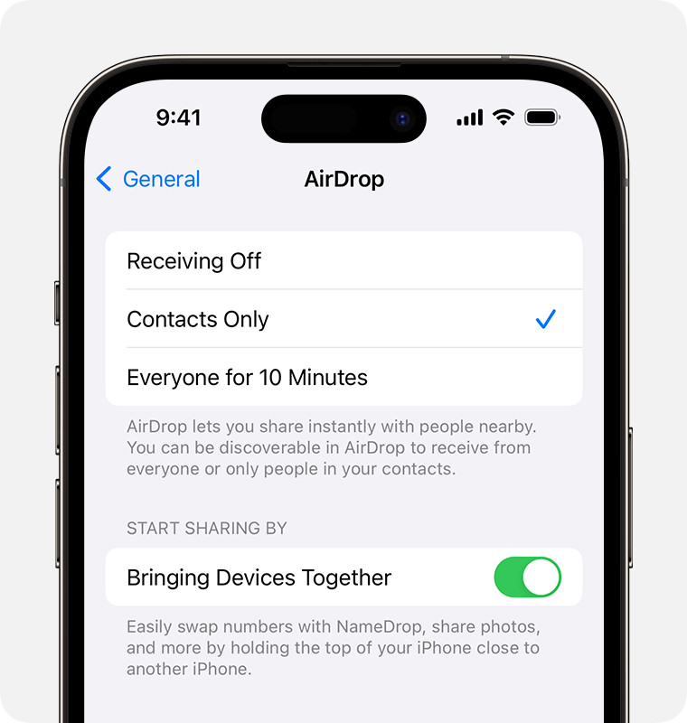An iPhone showing AirDrop settings with Contacts Only selected.