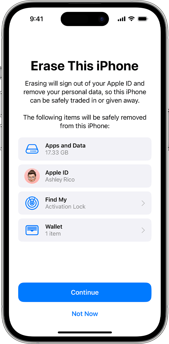 An iPhone showing the items that are removed if you erase your device