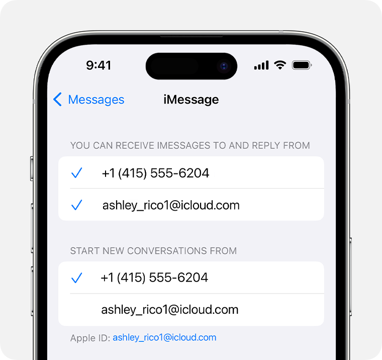 Pode utilizar simultaneamente o seu número de telefone e endereço de e-mail para iniciar ou receber conversas na app Mensagens.