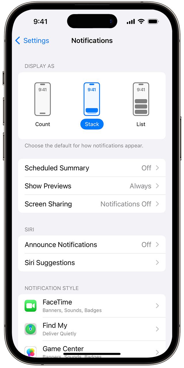 Control how your notifications appear. In Settings > Notifications, choose to have notifications displayed as a count, stacked on top of one another, or as an expanded list.