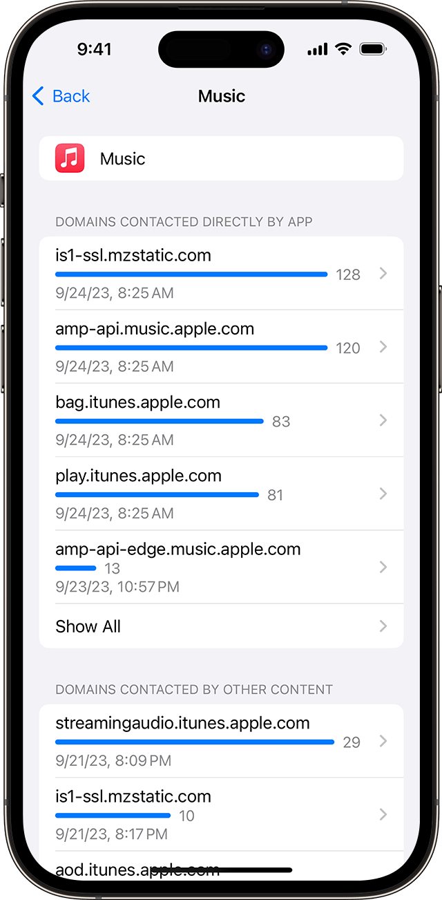 In App Privacy Report, select an app to see the domains that the app contacted.