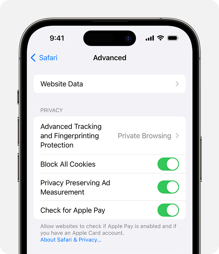 An iPhone on the Advanced Safari Settings screen. The Block All Cookies toggle is below the Advanced Tracking and Fingerprinting Protection settings.