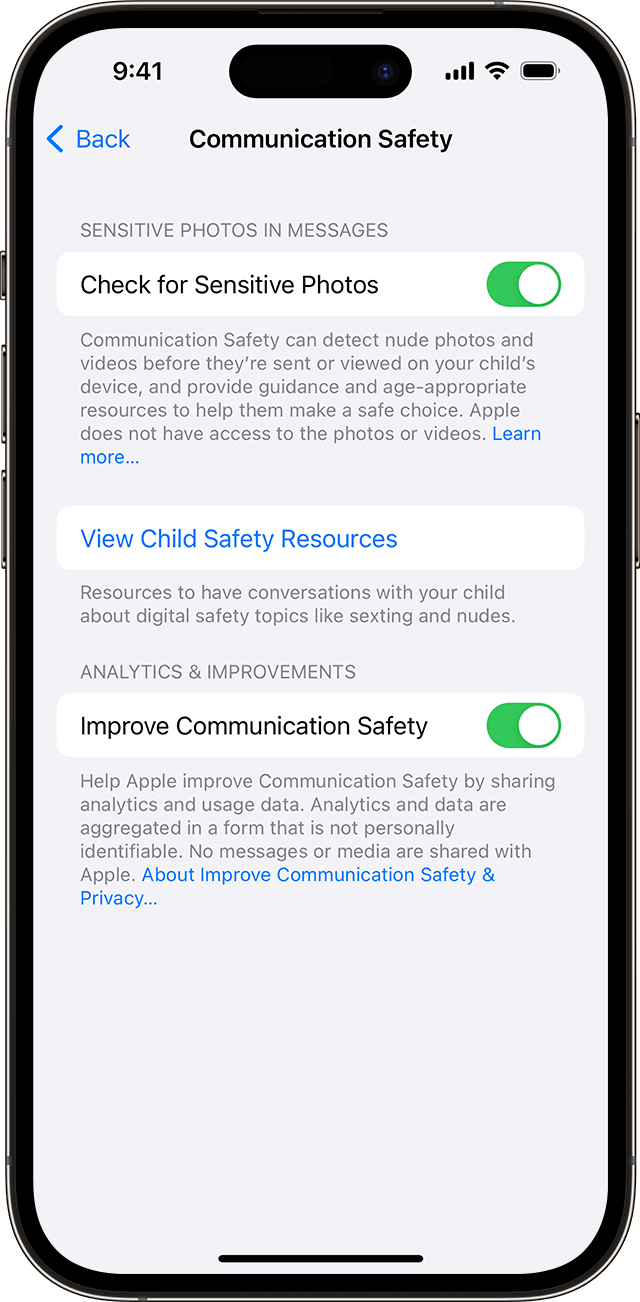 In iPhone Settings, turn on Communication Safety to detect nude images or videos on your child's device.