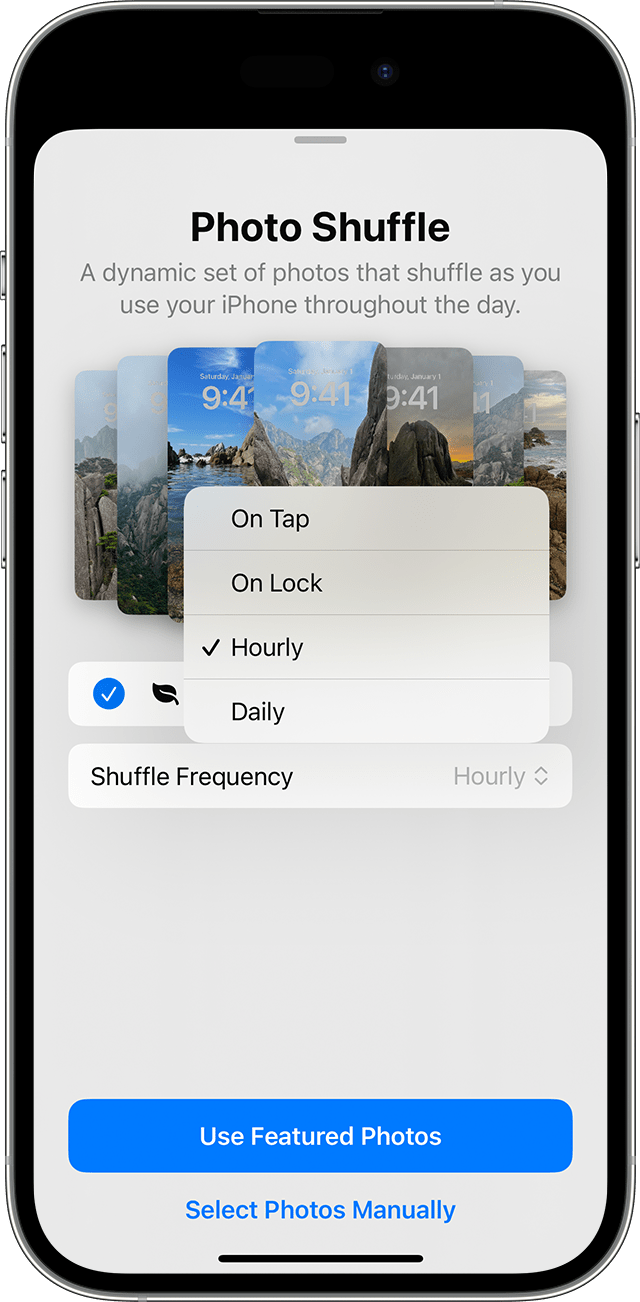 The frequency options for Photo Shuffle when you set up multiple photos to rotate as your Lock Screen on iPhone.