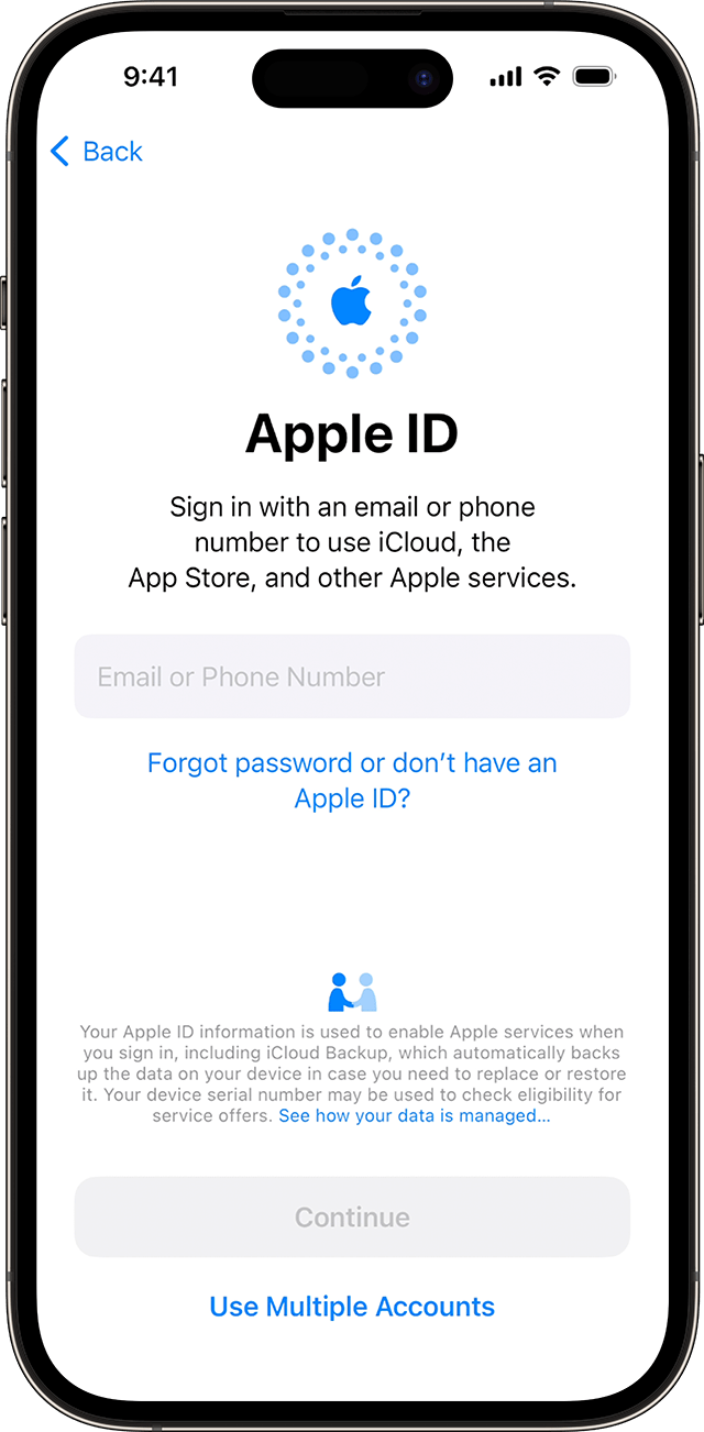 Kirjaudu sähköpostiosoitteen tai puhelinnumeron avulla Apple ID:lläsi iPhonen käyttöönottoprosessin aikana iOS 17:ssä.