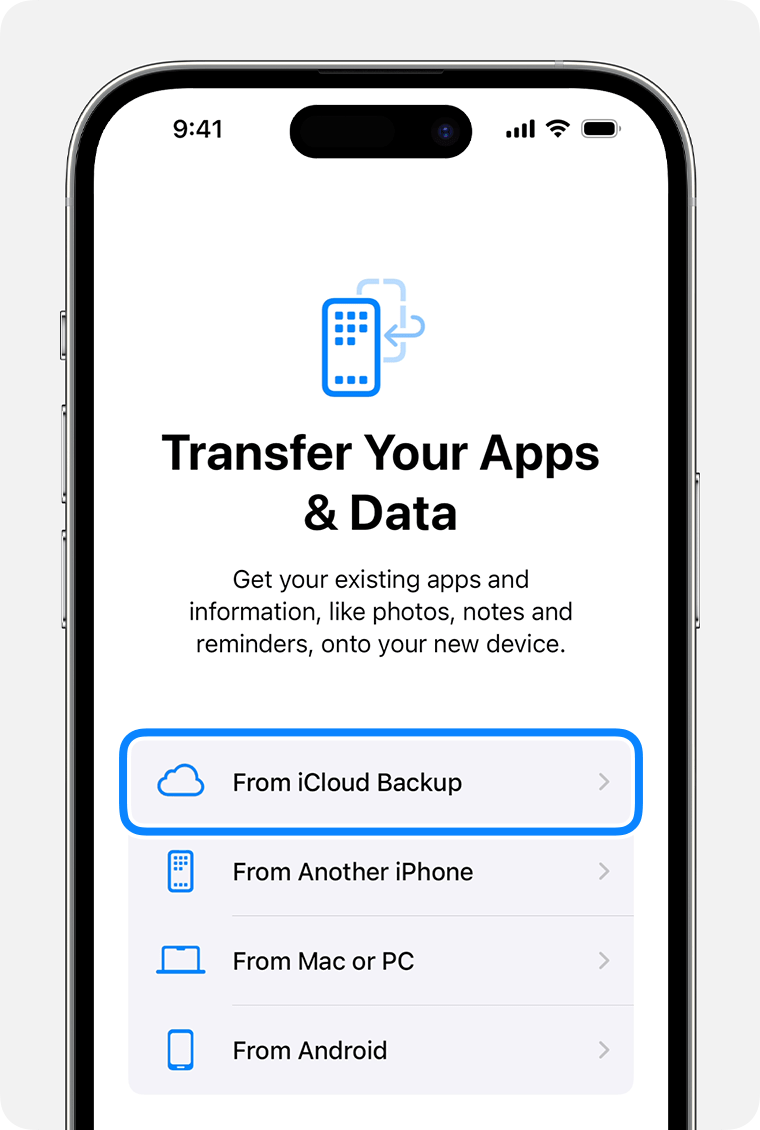 An iPhone showing From iCloud Backup as the selected option