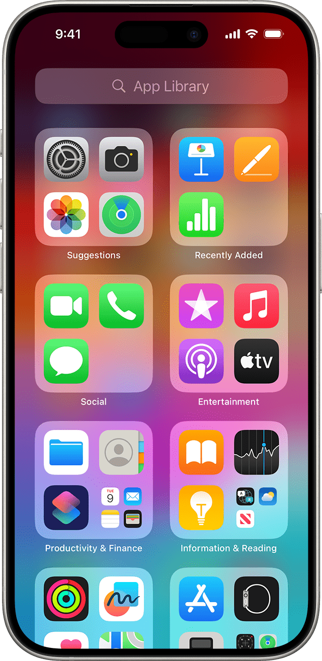 iPhone mit dem Bildschirm für die App-Bibliothek.