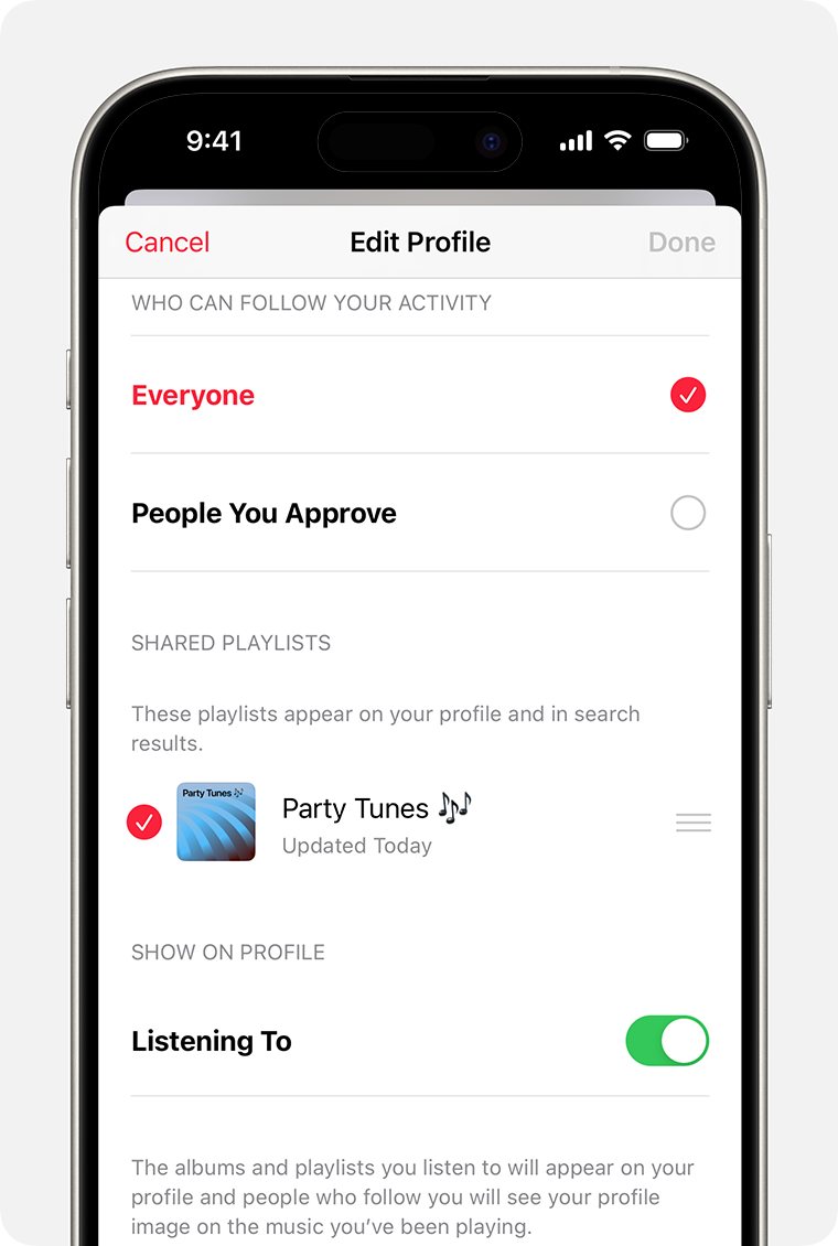 在 iPhone 上“音乐”App 的“编辑个人资料”屏幕中，显示了一个已被选中要在个人资料中显示的播放列表