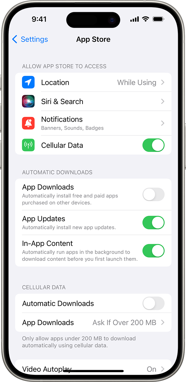 Un iPhone affichant les options de l’App Store dans Réglages, dont Mises à jour d’apps.