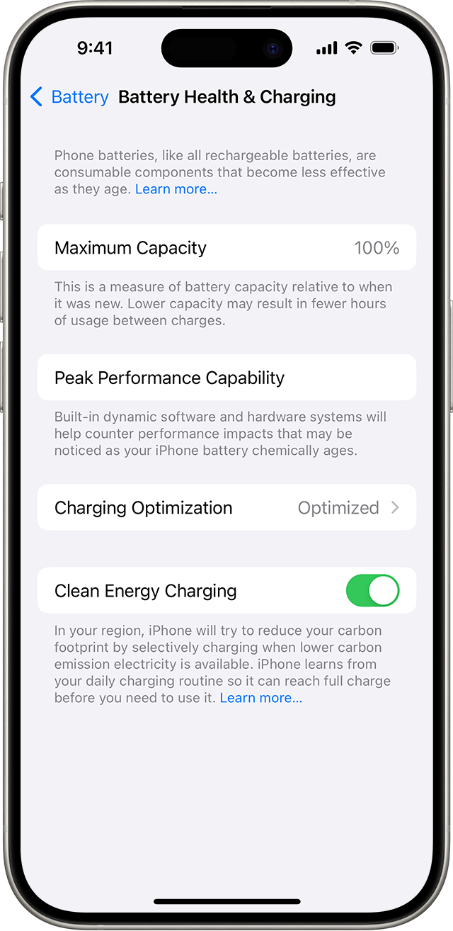 Screenshot of Battery Health & Charging settings