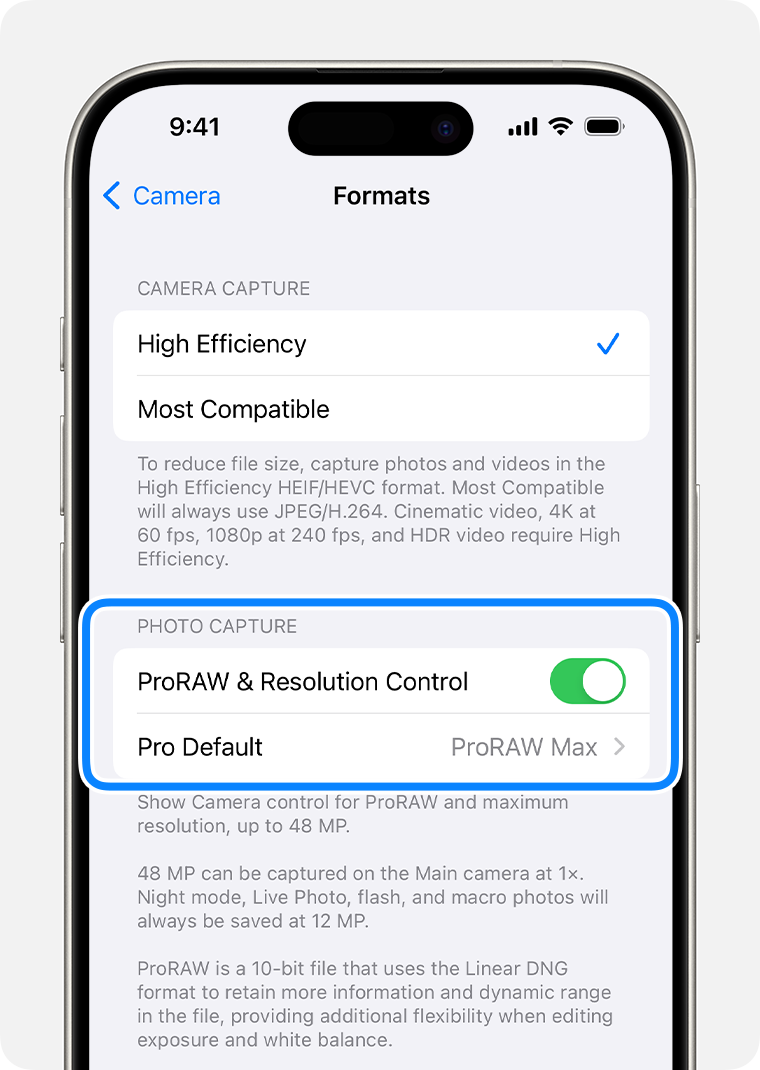 En iOS 17, puedes configurar la resolución de ProRAW en 12 MP o 48 MP.