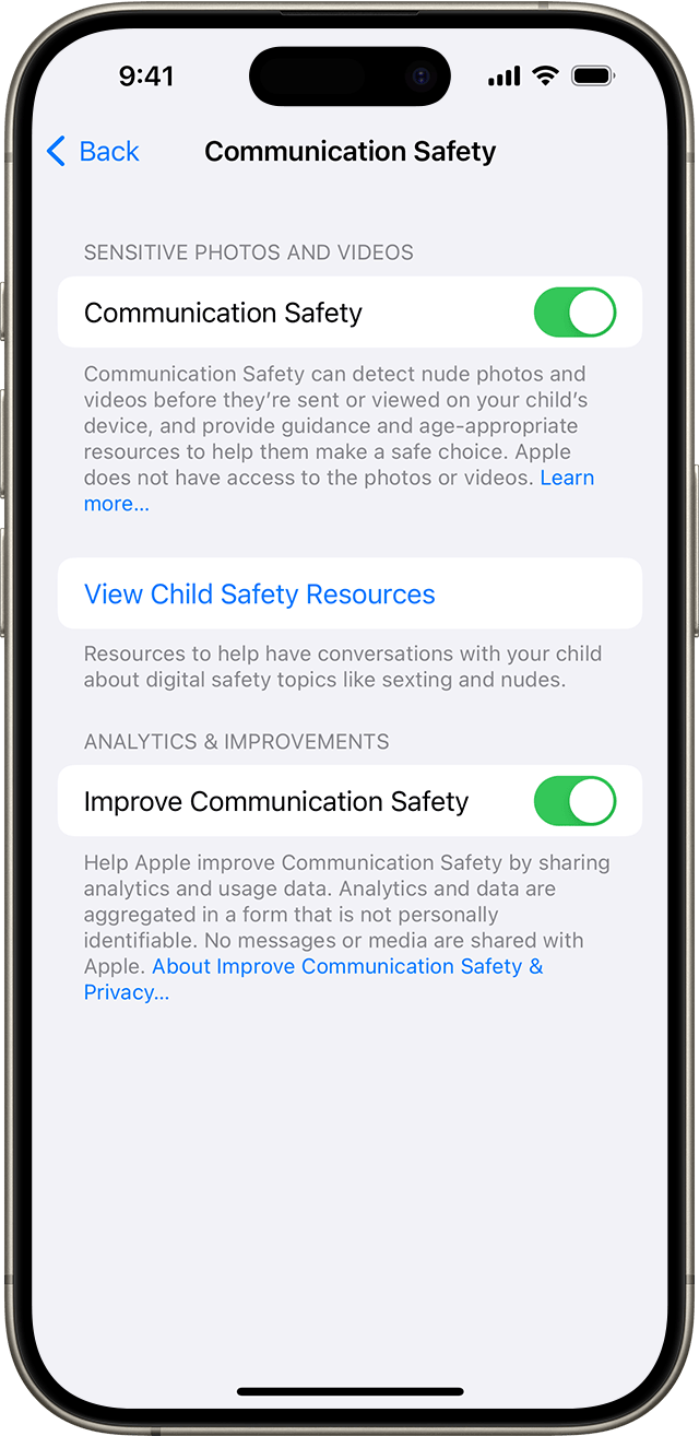 In iPhone Settings, turn on Communication Safety to detect nude images or videos on your child's device.