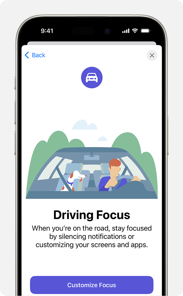 Initial Driving focus set up screen in Settings > Focus