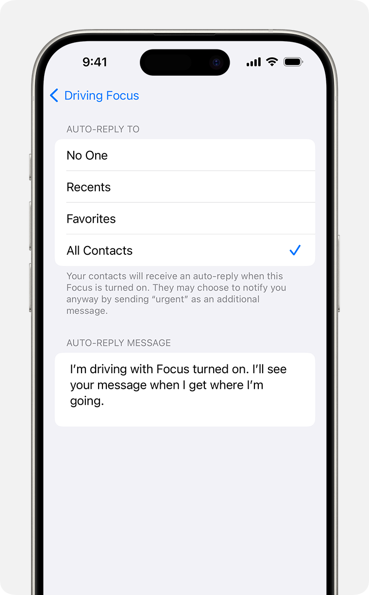 Auto-reply Driving focus settings in Settings > Focus > Auto-Reply