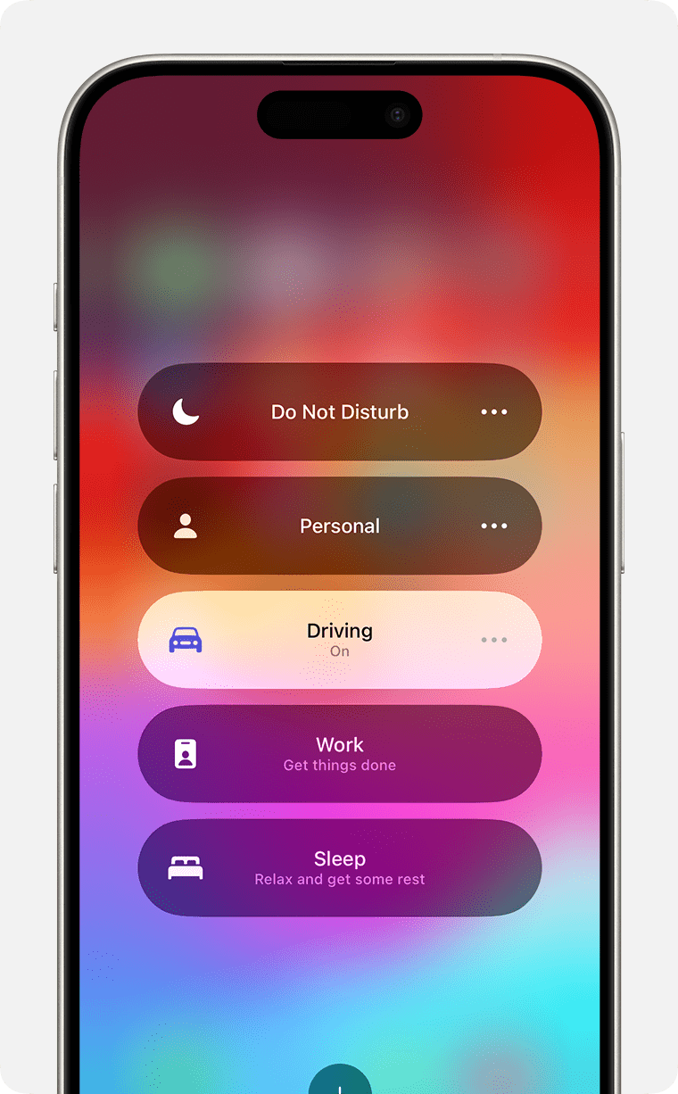 Focus modes view in Control Center with Driving focus on