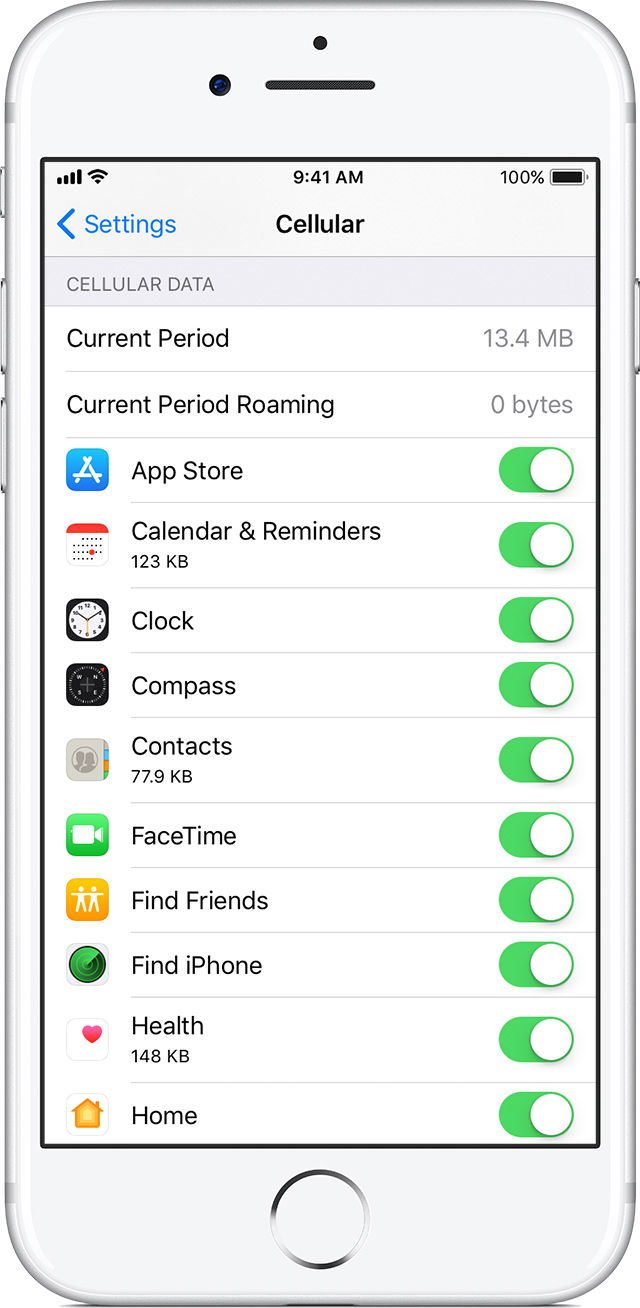 Cellular setting screen on iPhone