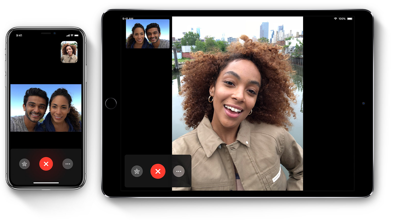 A couple chatting with a woman via FaceTime video call on an iPhone and an iPad