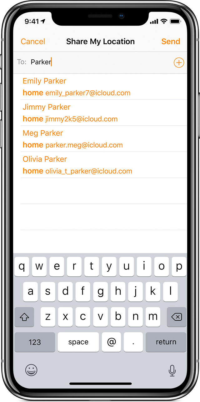 מסך iPhone שמציג את 'שתף את המיקום שלי' ואת שמות אנשי הקשר עם שם המשפחה Parker.