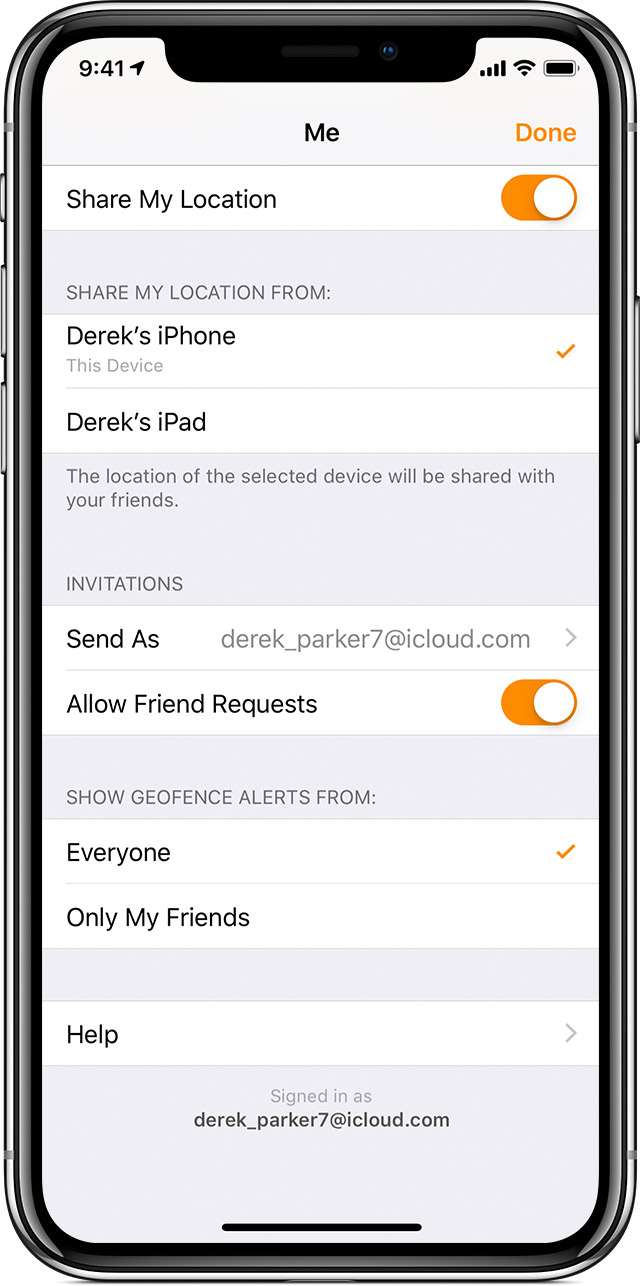 מסך iPhone שבו האפשרויות 'שתף את המיקום שלי' ו'אפשר הצעות חברות' מופעלות.