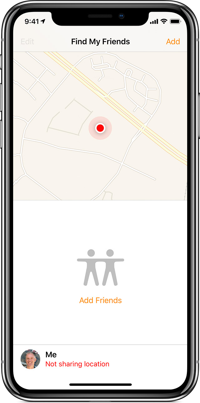 מסך iPhone שמציג את מיקום ה-iPhone כנקודה אדומה במפה.