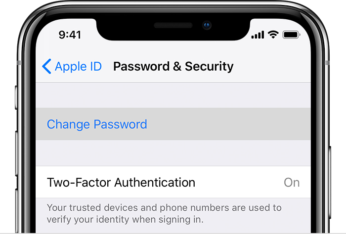 Change password screen on iPhone