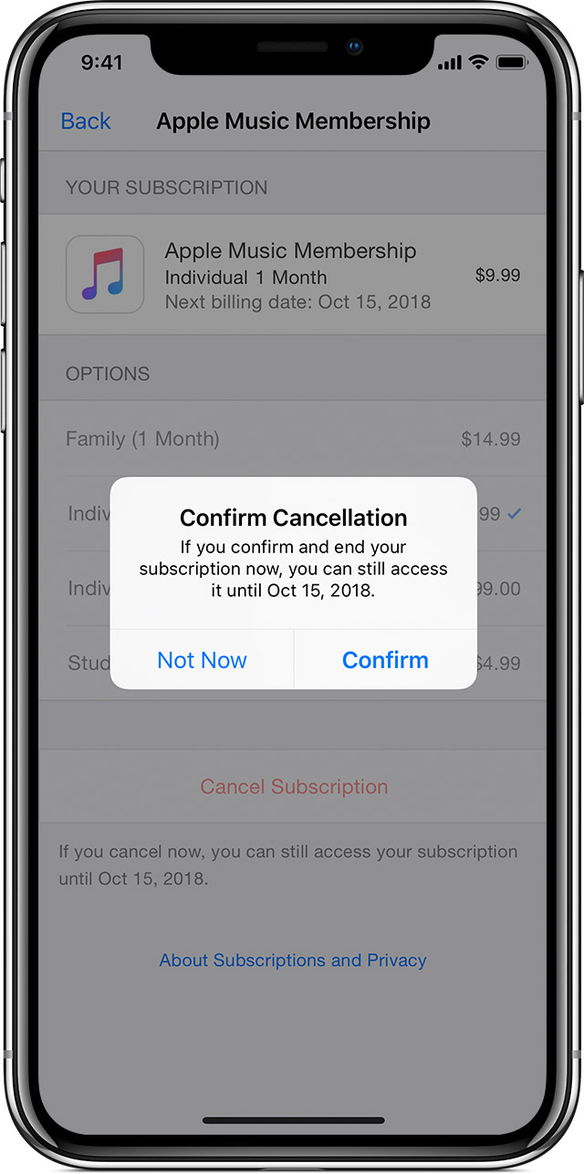 Un iPhone X che mostra un abbonamento Apple Music. Un pop-up è in primo piano, chiedendo di confermare la cancellazione dell'abbonamento.