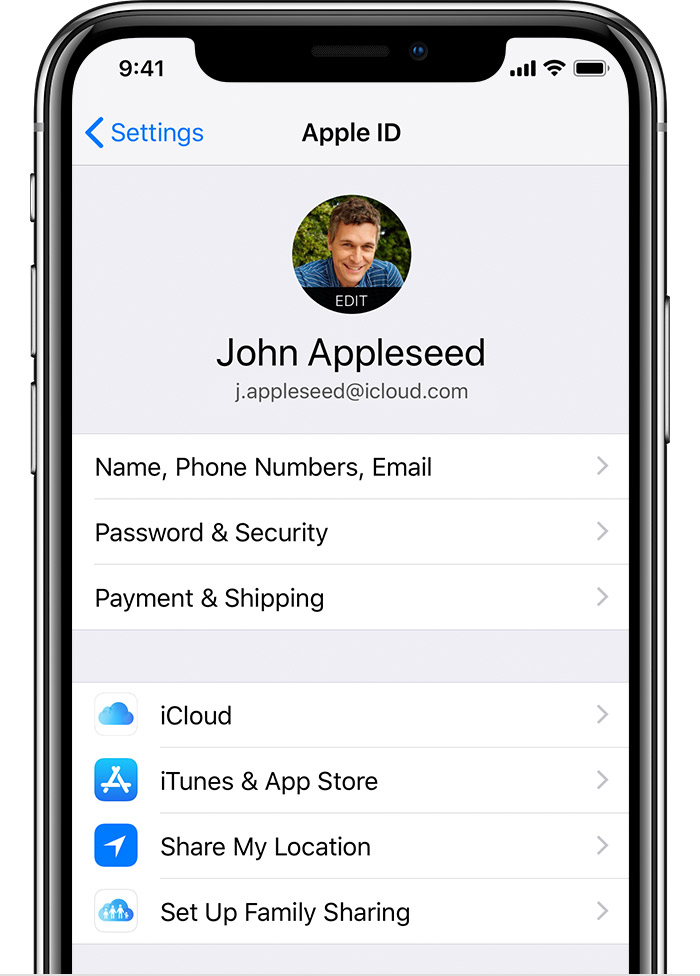 Ios12 Iphone X Settings Appleid Johnappleseed Cropped 